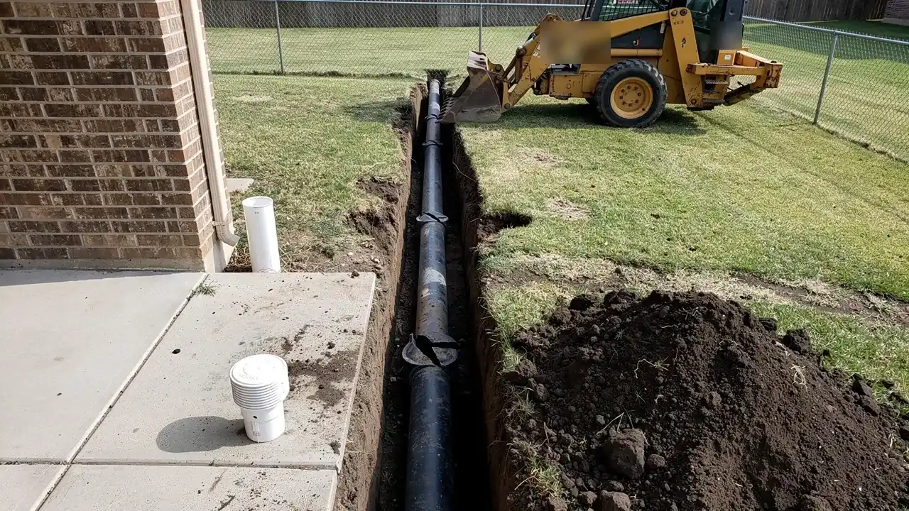 Open trench running from a brick house across the yard, exposing a cast-iron sewer line, with a cleanout, a spoil pile and a yellow backhoe