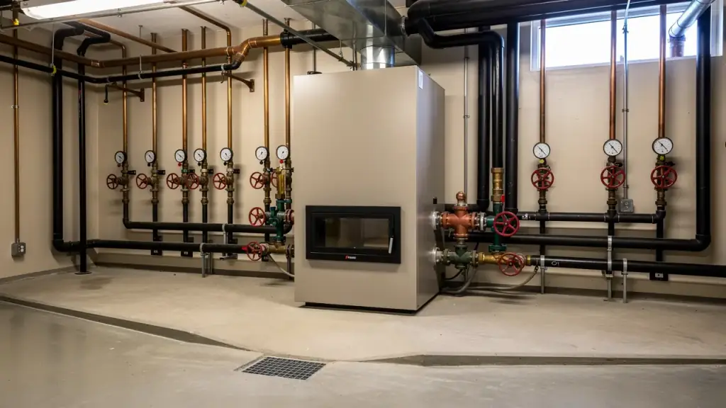 Gas-fired boiler and insulated piping in a commercial mechanical room