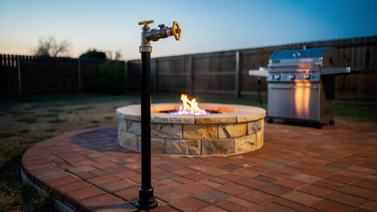 Black-iron gas riser with a shutoff valve feeding a backyard fire pit