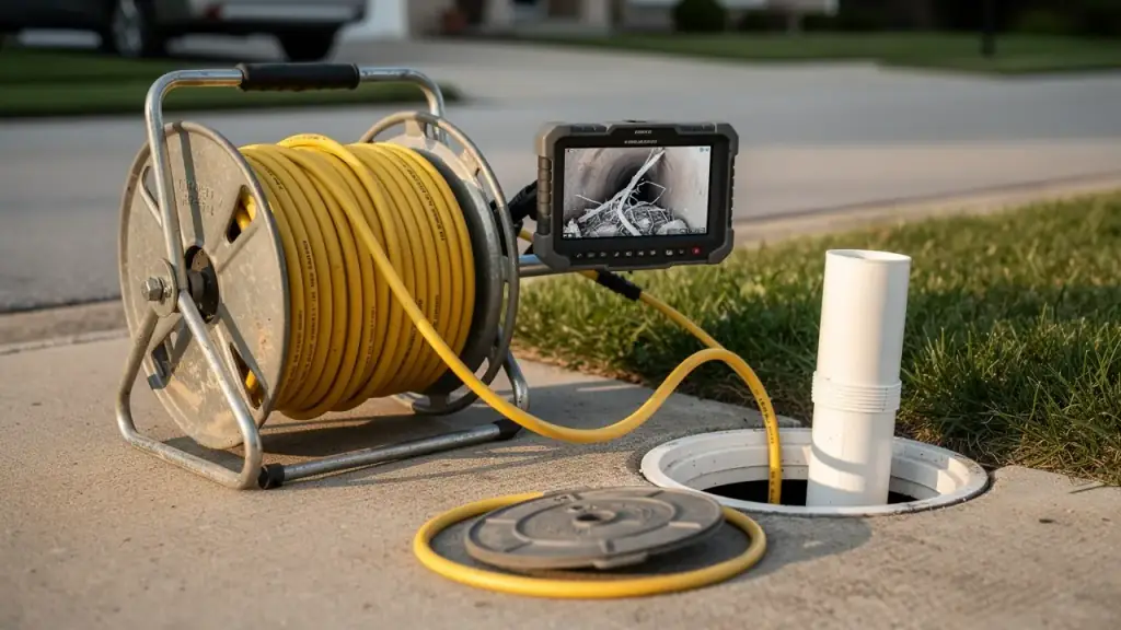 Sewer camera push reel with its cable running into an open cleanout