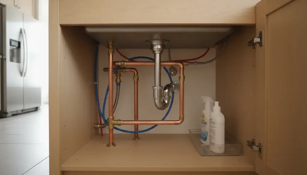 Copper and PEX supply lines under a kitchen sink