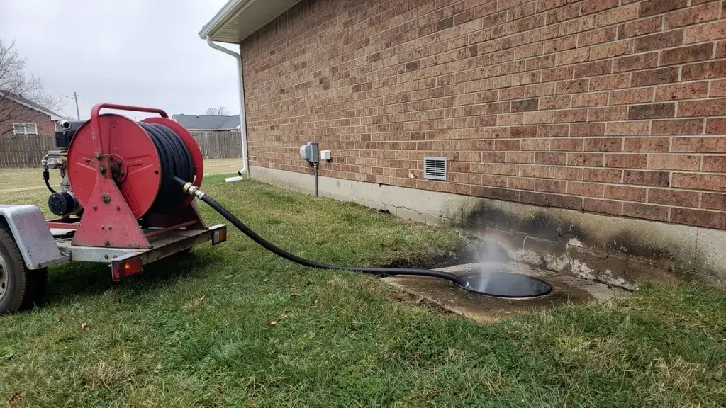 Hydrojetter hose reel feeding a hose into a sewer cleanout