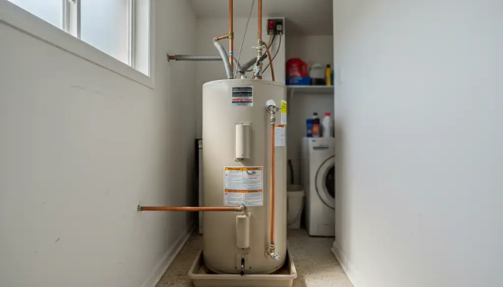 Tank water heater with copper lines in a utility closet